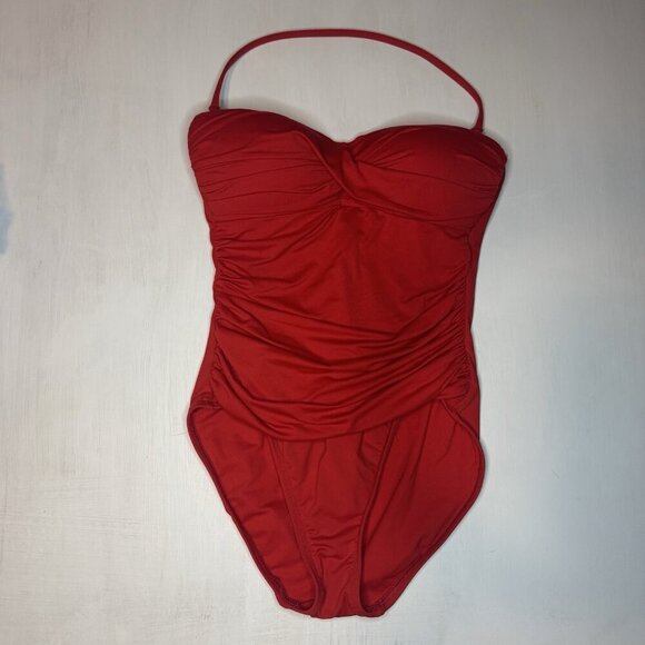 La Blanca Women's Swim Suit Sz 4 Red Strapless Tummy Control Ruched Bathing Suit - Picture 2 of 7
